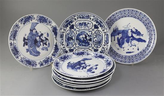 Nine Chinese blue and white plates, late 19th century, 24.5 - 25.5cm